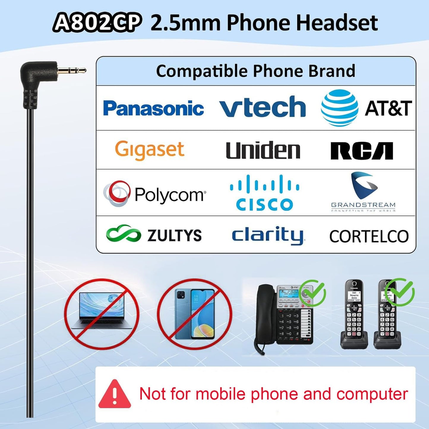Phone Headset 2.5mm with Noise Canceling Microphone & Mute Switch, Comfort Fit Telephone Headset for Panasonic VTech AT&T Uniden RCA Cisco Gigaset
