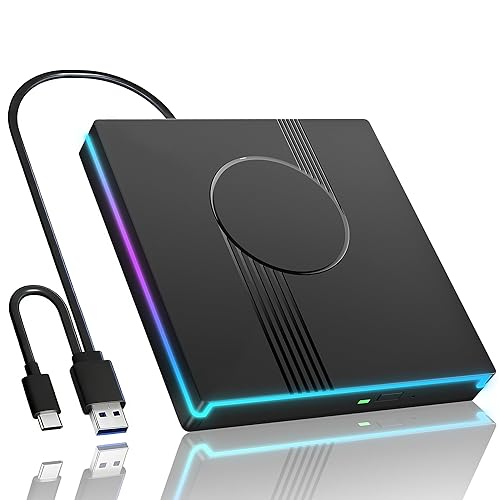 Wbacon RGB External CD/DVD Drive for Laptop, External CD Drive USB 3.0 Type-C Portable DVD Player, CD Burner +/-RW Optical Drive, Slim CD ROM External