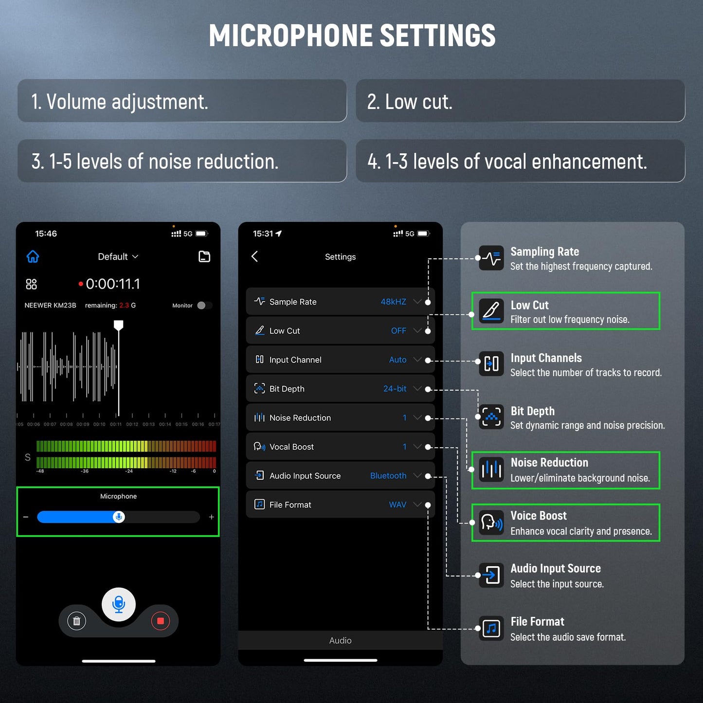 NEEWER KM23B Wireless Lavalier Microphone Bluetooth App Control, Compatible with iPhone Android Phone 8Hrs Battery Vocal Enhancement Noise