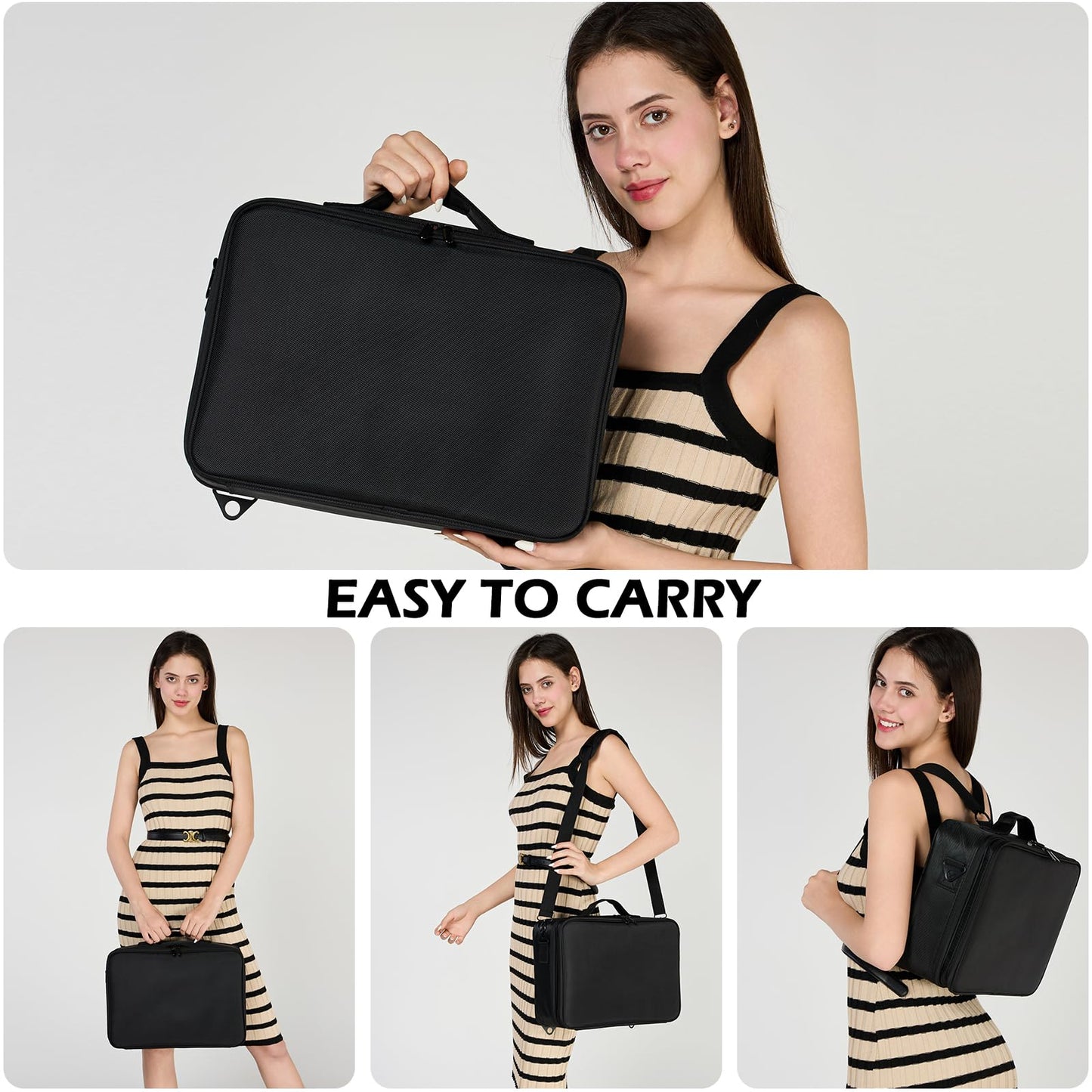 GCZC Large 16.5" Travel Makeup Train Case – Professional Cosmetic Organizer with Adjustable Dividers, Brush Storage & Shoulder Strap (Black)