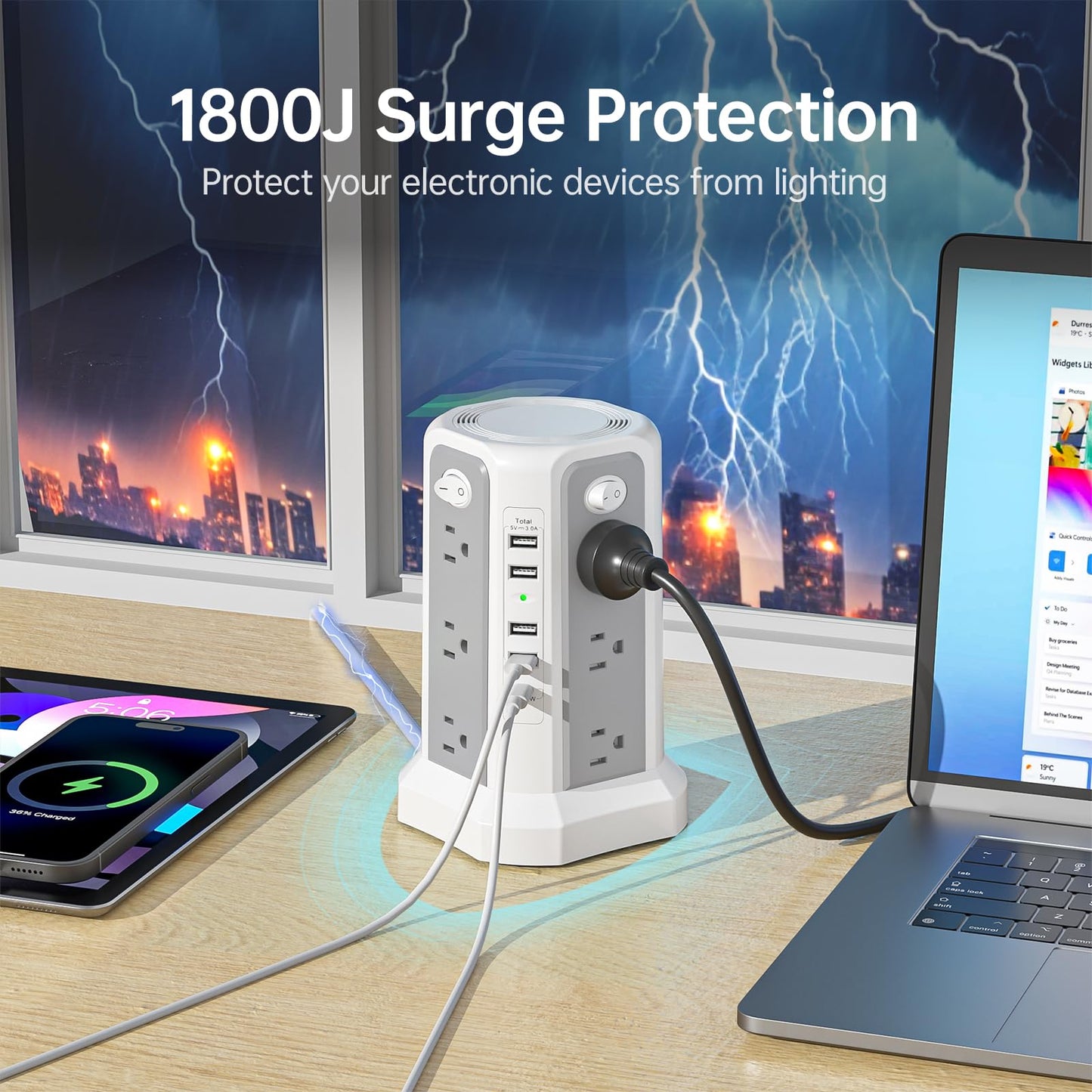 Surge Protector Power Strip Tower with PD18W USB C Port,10FT Extension Cord with 12 AC Mutiple Outlets 5 USB Charging Ports, PASSUS Power Tower Surge