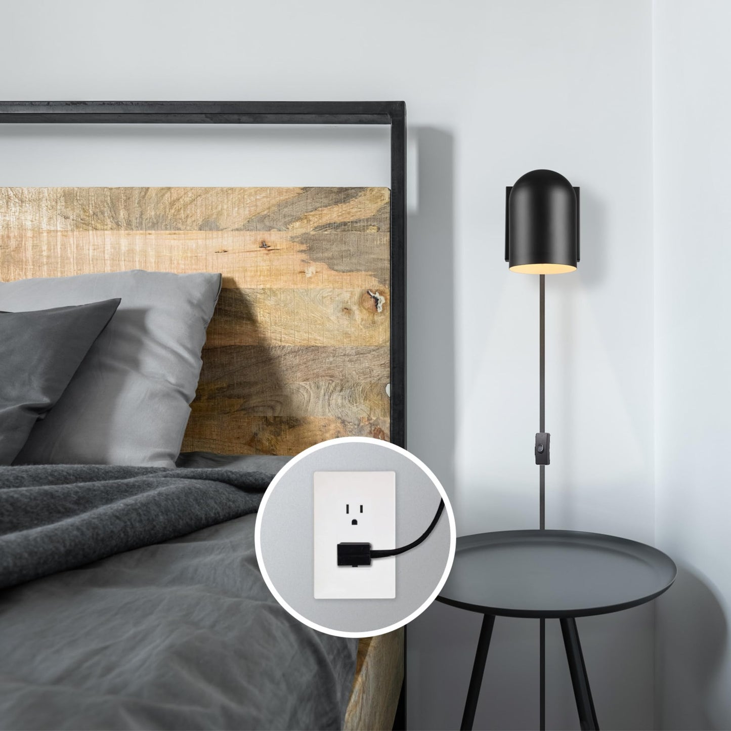 Globe Electric 65000098 1-Light Plug-in or Hardwire Wall Sconce, Matte Black, 6ft Braided Fabric Cord, in-Line Rocker Switch, Modern Lighting