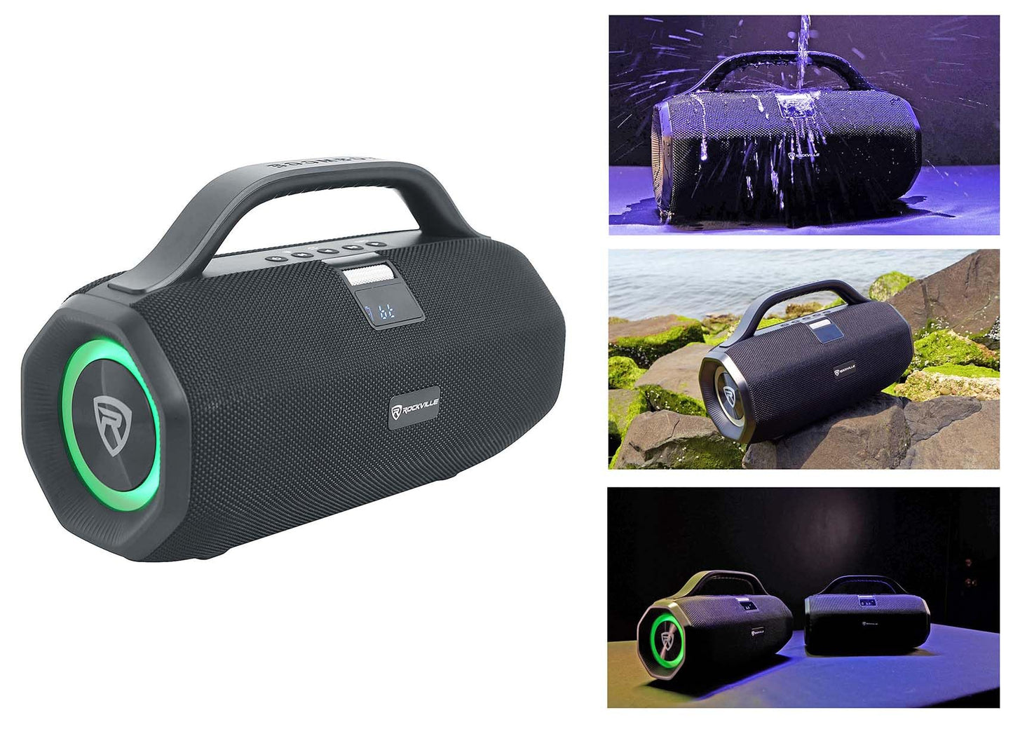Rockville SONIC-50L Portable Bluetooth Speaker, 50W Stereo Sound, Dual LED Rings, IPX5 Water-Resistant, Upto 24-Hour Battery, TWS, USB/TF Card/AUX/Mic