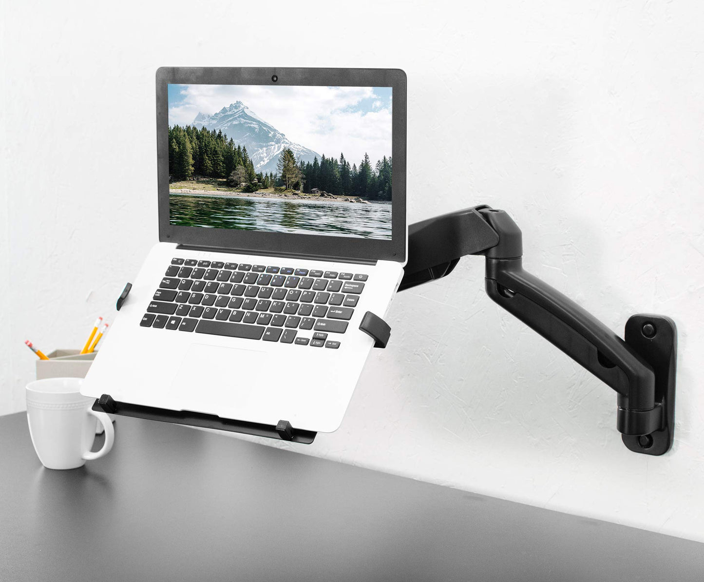 VIVO Height Adjustable Pneumatic Extended Arm Laptop Wall Mount, Full Motion Articulating Notebook Tray, Fits 10 to 15.6 inch Screen, Black