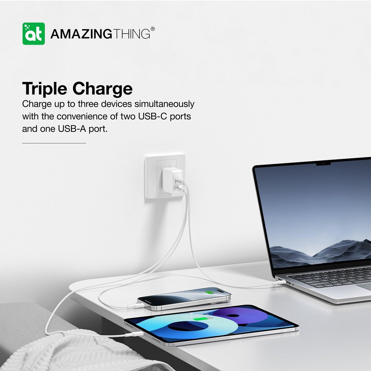 66W GaN Wall Charger with 2 Type C and 1 USB A Ports, Fast USB C Charger Block, Compact Charging Power Adapter for MacBook