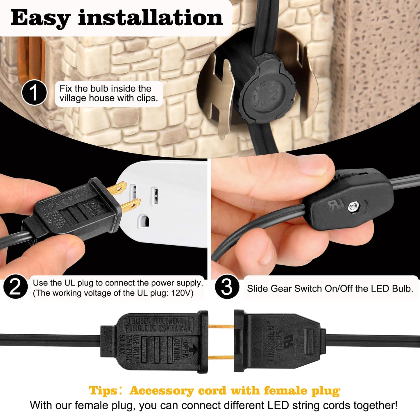 Upgraded Lighting System, 7.2Ft Black Accessory Cord with 1LED C7 Spare Fuse Bulb, Blow Mold Lights Cord with Female Plug&On/Off Switch, for Halloween