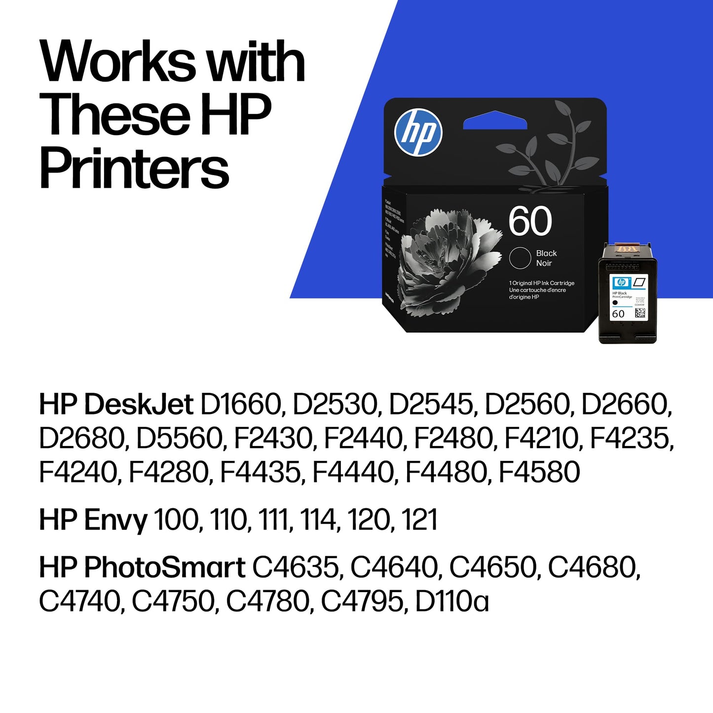 HP 60 Black Ink Cartridge | Works with DeskJet D1660, D2500, D2600, D5560, F2400, F4200, F4400, F4580, Envy 100, OfficeJet J4500, J4680, 4500