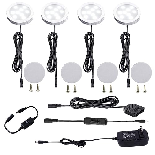 AIBOO Under Cabinet LED Puck Lights Kit with Touch Dimming Switch for Ambiance Atmosphere Night Lighting (4 Lights,Daylight White)