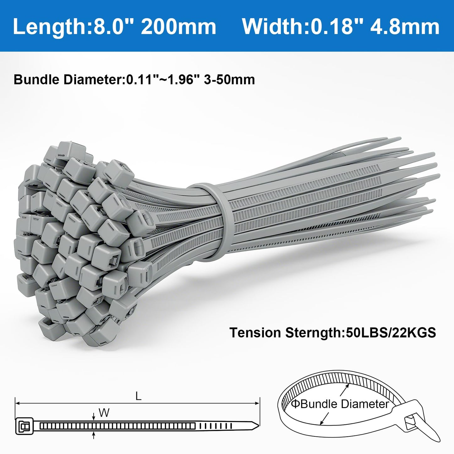 Baomain 100-Pack 8 Inch Self-Locking Nylon Cable Zip Ties, Heavy-Duty and Multi-Purpose (0.18" Width, 50LBS Tensile Strength), Indoor and Outdoor Use