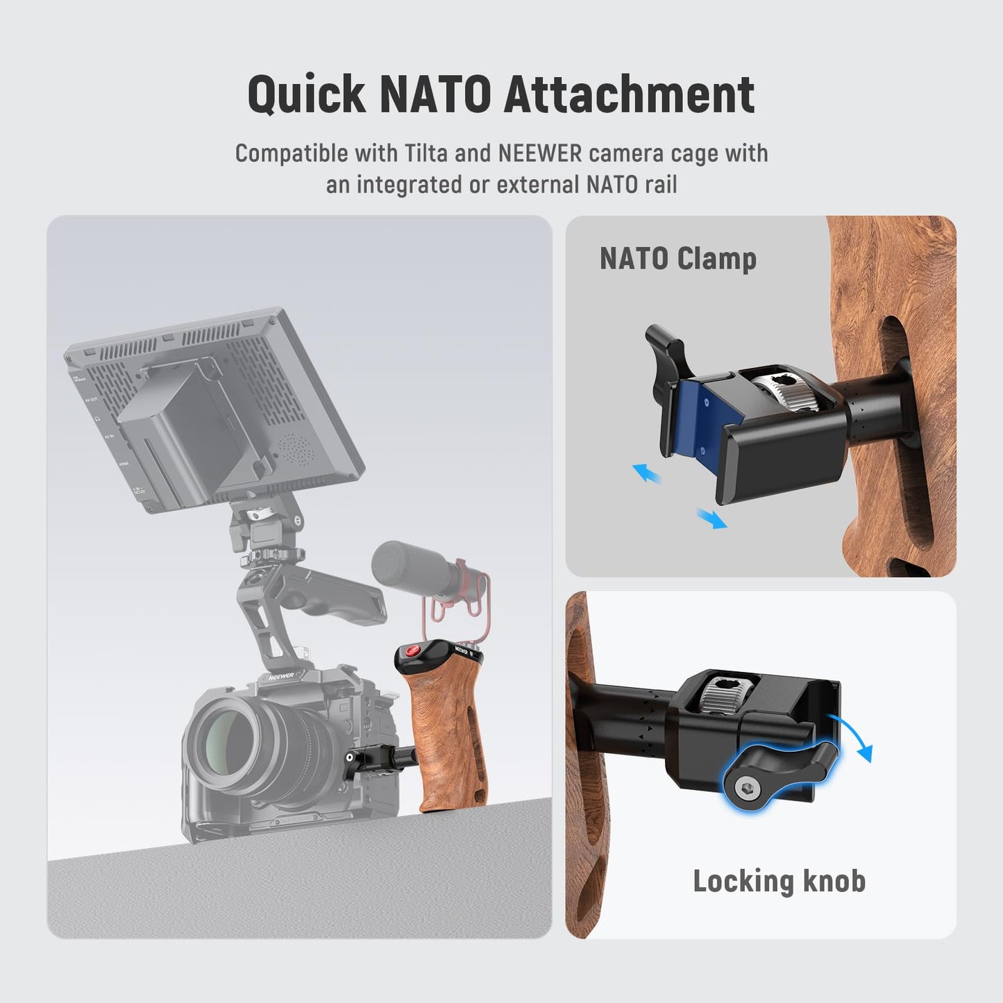 NEEWER Wooden Side Handle with Record Start/Stop Remote Trigger NATO Clamp 1/4" & 3/8" Threads Vertical Adjustment 22lb Load Compatible with SmallRig