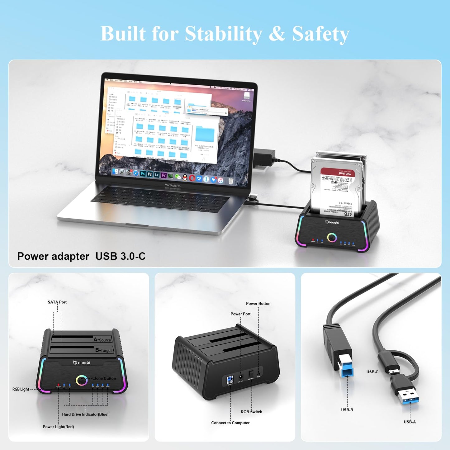 Xiaobi Hard Drive Docking Station , USB C Dual Bay Dock for 2.5/3.5" SATA HDD SSD, Hard Drive Reader Up to 5Gbps, Support UASP Offline Clone Function