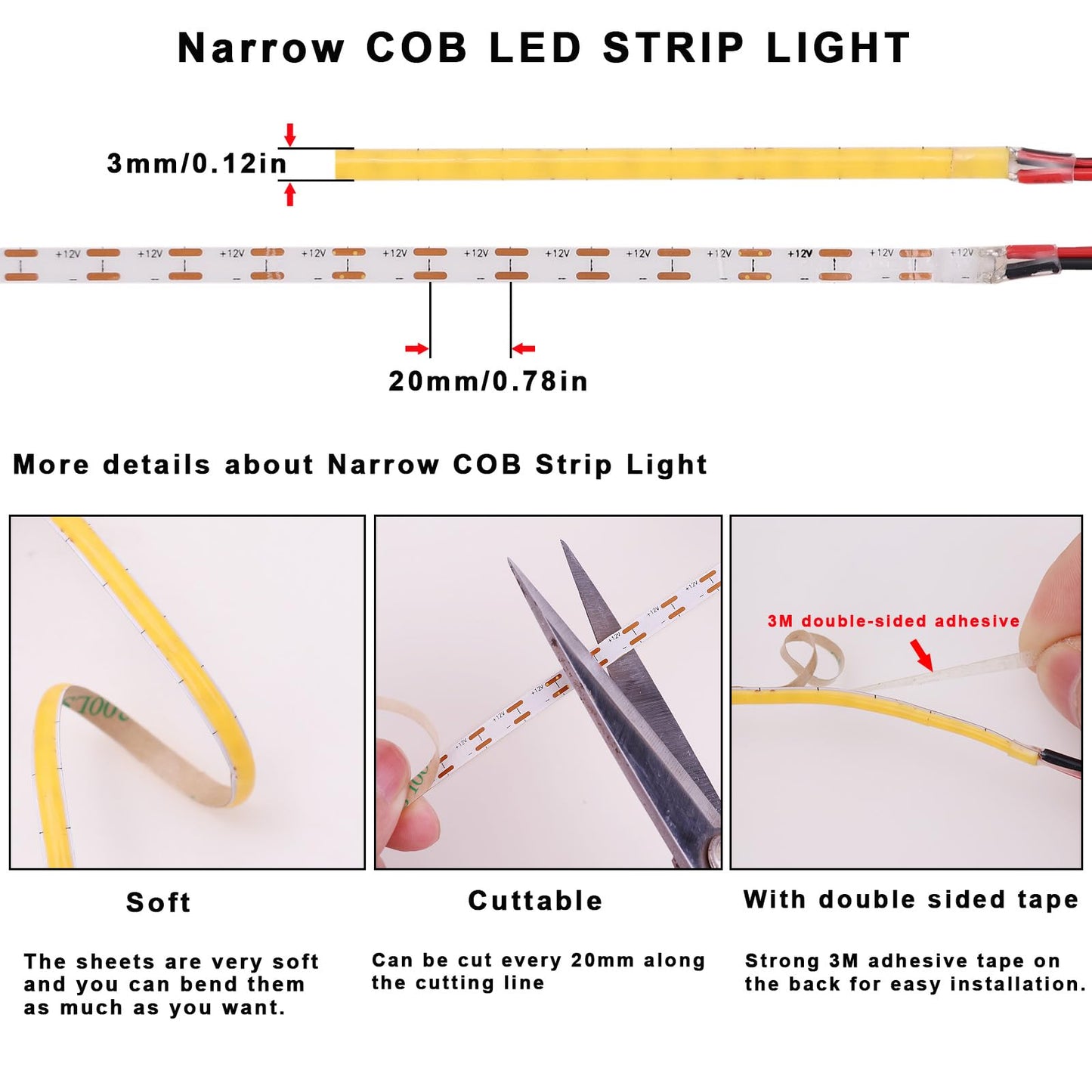TOPAI 12V Thin 3mm COB LED Strip 6000K Cool White 16.4ft Bright White CRI>90 Uniform Dotless 400LEDs/M Adhesive Flexible Cuttable LED Tape Light