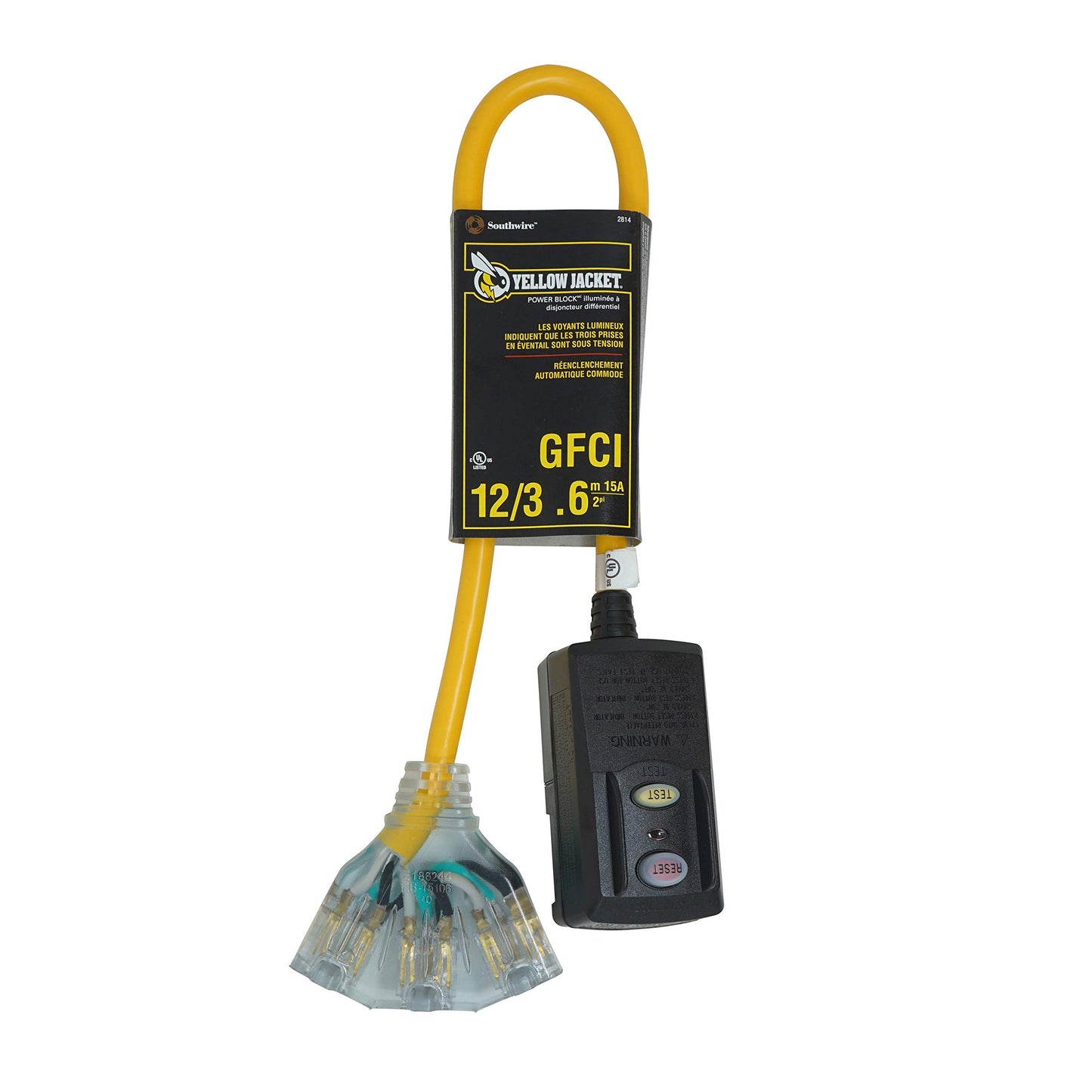 Southwire Coleman Power Block with GFCI - 125 V - 15 A - 12/3 AWG SJTW Cord - 3-Outlet Yellow - Right Angle GFCI Block - LED Power Indicator