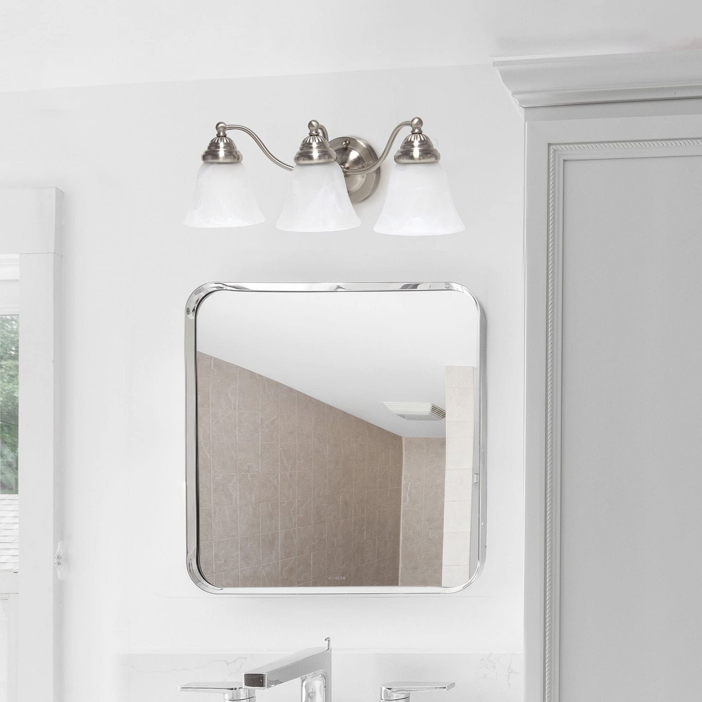 Simple Designs VT1023-BSN 19.25" Classic 3 Light Winding Metal and Frosted Marble White Bell Shape Glass Shades Decorative Wall Mounted Vanity Fixture