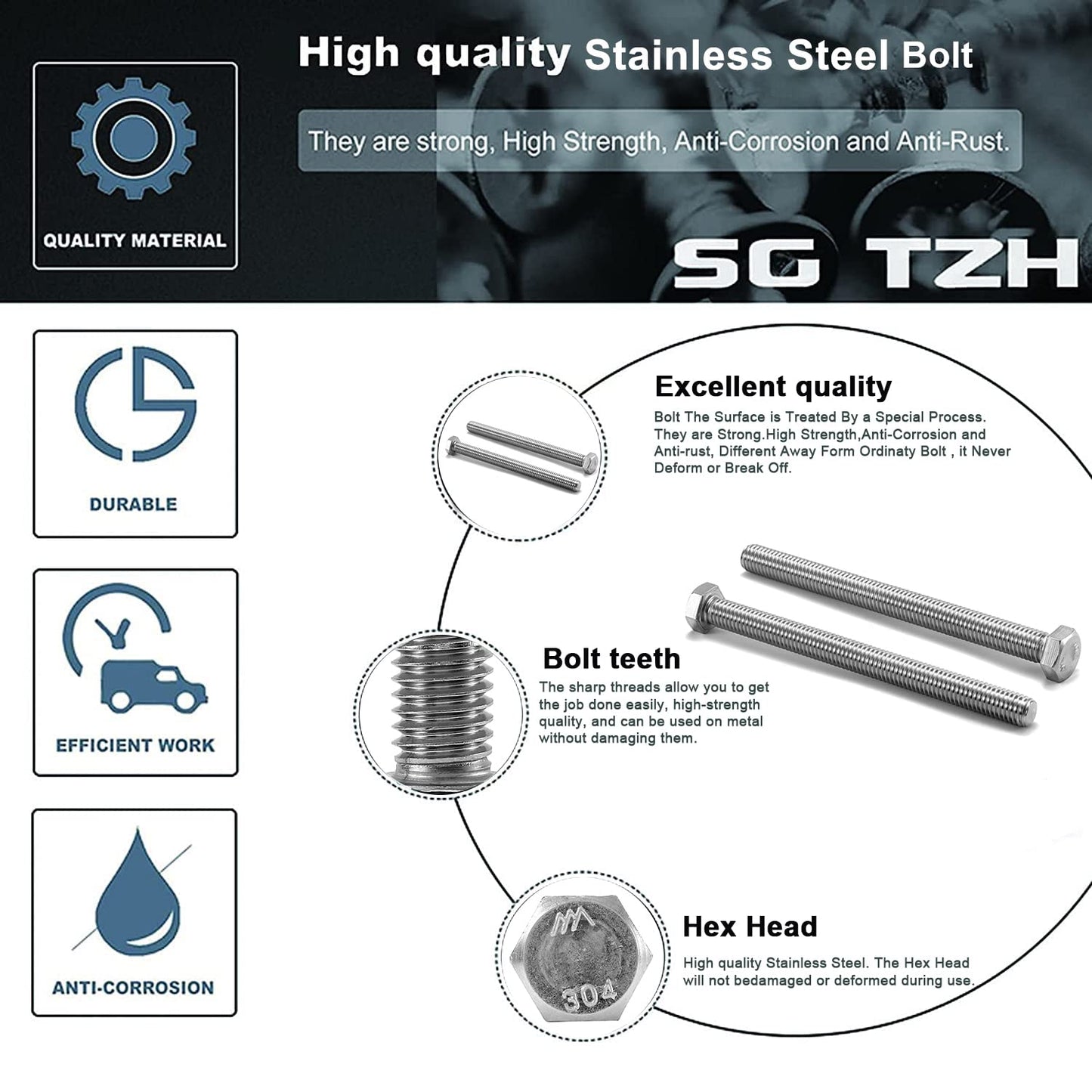 3/8-16 x 1 Hex Head Screw Bolt, 20Pcs 18-8 (304) Stainless Steel, Fully Threaded, Plain Finish, by SG TZH