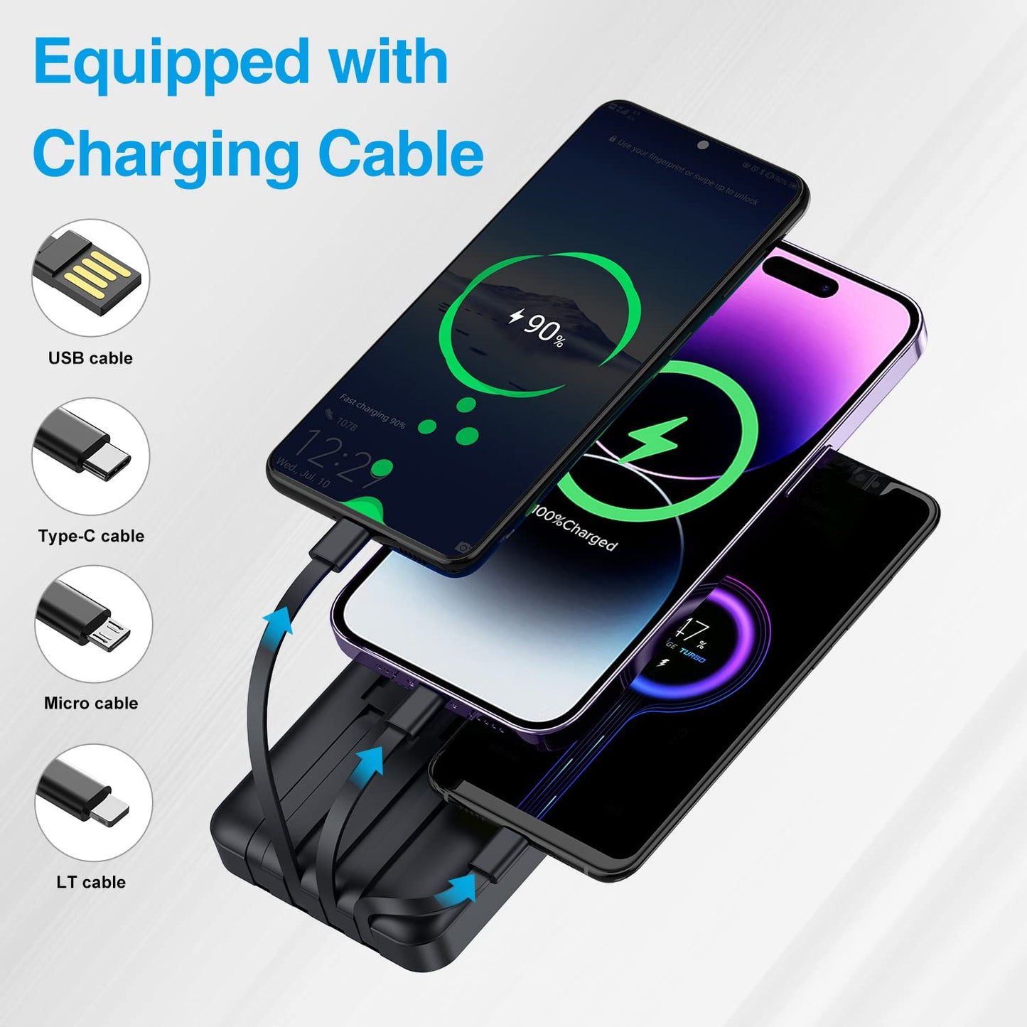 ummz Portable Charger with Built-in Cable,12000mAh 22.5W Fast Charging Small Power Bank,USB C Input/Output with Smart LED Display,External Battery