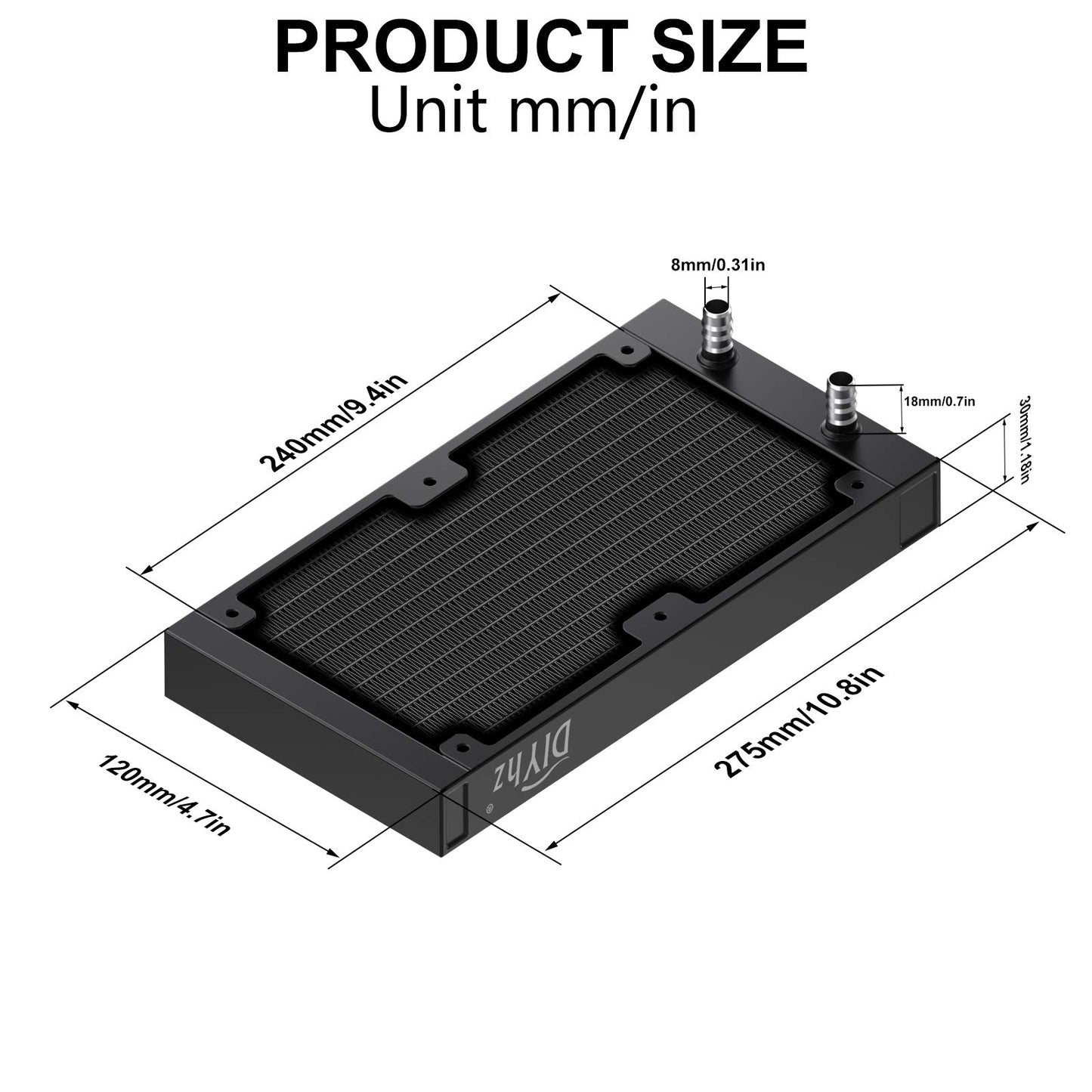 DIYhz 12 Pipe Aluminum 240mm CPU PC Water Cooling Radiator, 120mm Fanless, DC12V Black