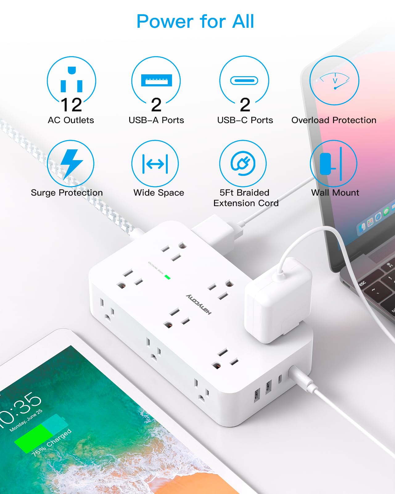 Power Strip Surge Protector, HANYCONY 12 Multiple Outlets 4 USB Ports (2 USB C), 5Ft Braided Extension Cord Flat Plug, Overload Surge Protection, Desk