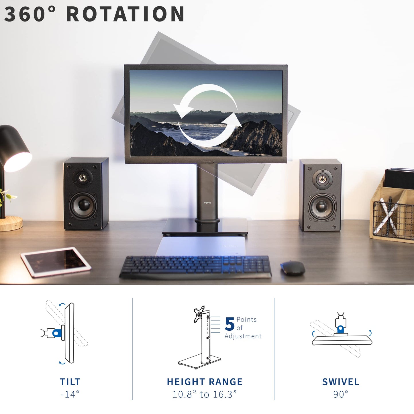 VIVO Single Rotating 13 to 38 inch Ultrawide Monitor and TV Table Top Desk Stand with Glass Base, Swivel, Height Adjustment, Screen Mount with Max