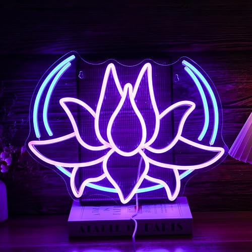 BNEMCEZH Moon Lotus Flower Neon Sign Dimmable Blue Moon Neon Light Sign for Wall Decor USB Power Purple Lotus Led Light Up Sign for Bedroom Yoga Room