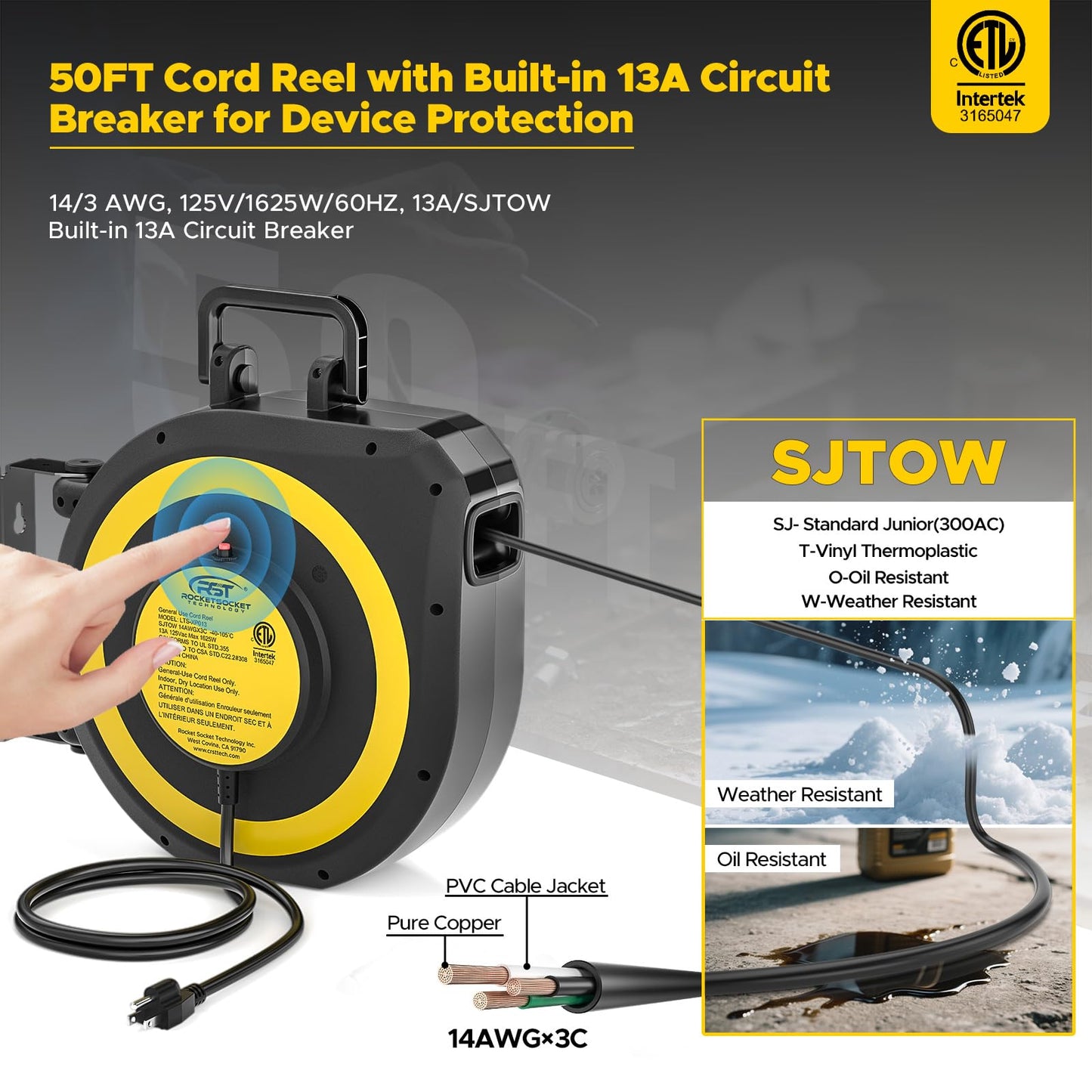 CRST 50 FT Retractable Extension Cord Reel, 14AWG/3C SJTOW Heavy Duty Power Cord with 3 Grounded Outlets Lighted Triple Tap, 13A Circuit Breaker, 180°