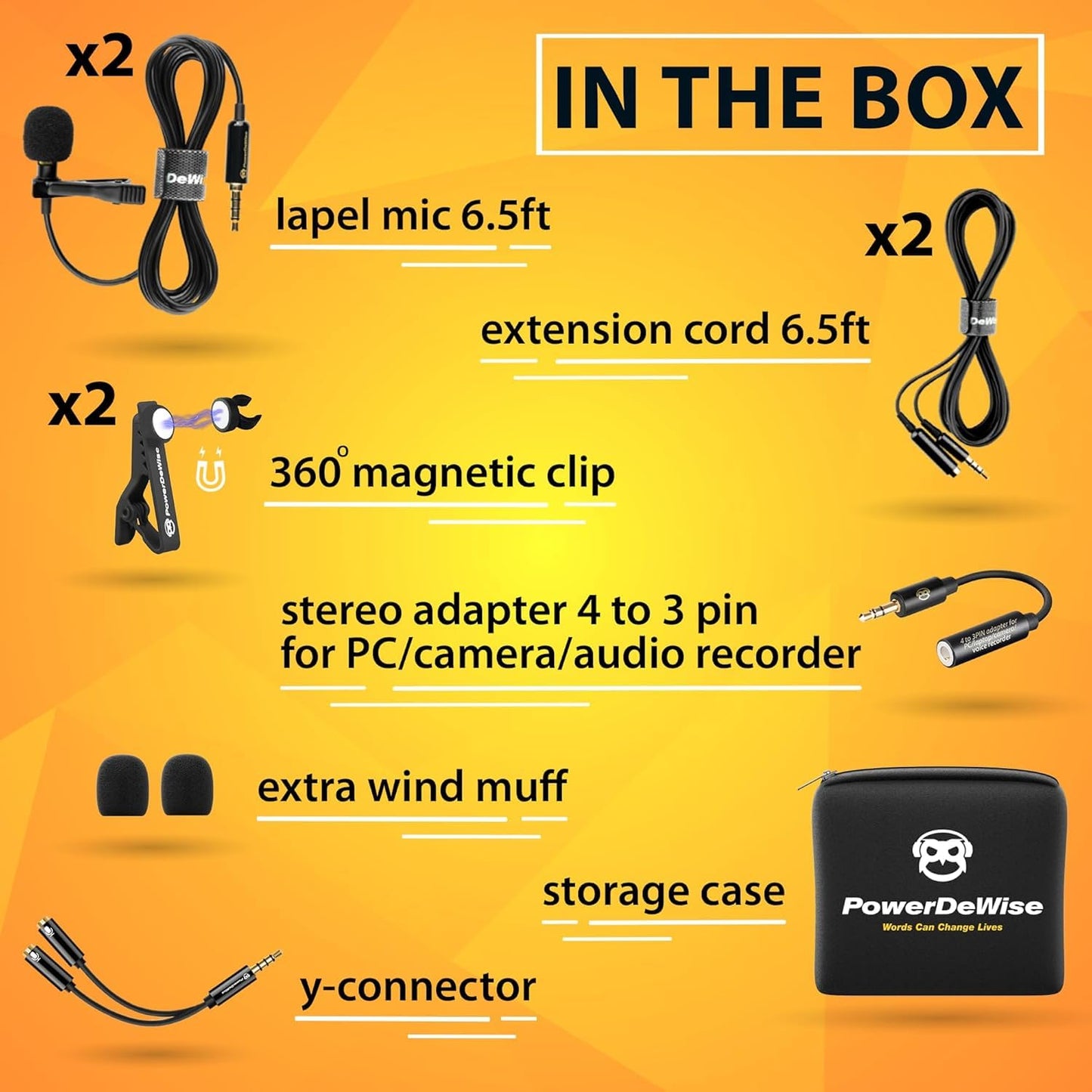 PowerDeWise Dual Lavalier Microphone Set for iPhone, Android & Camera - Professional Clip-On Lapel Microphones for Interviews, Podcasting, YouTube