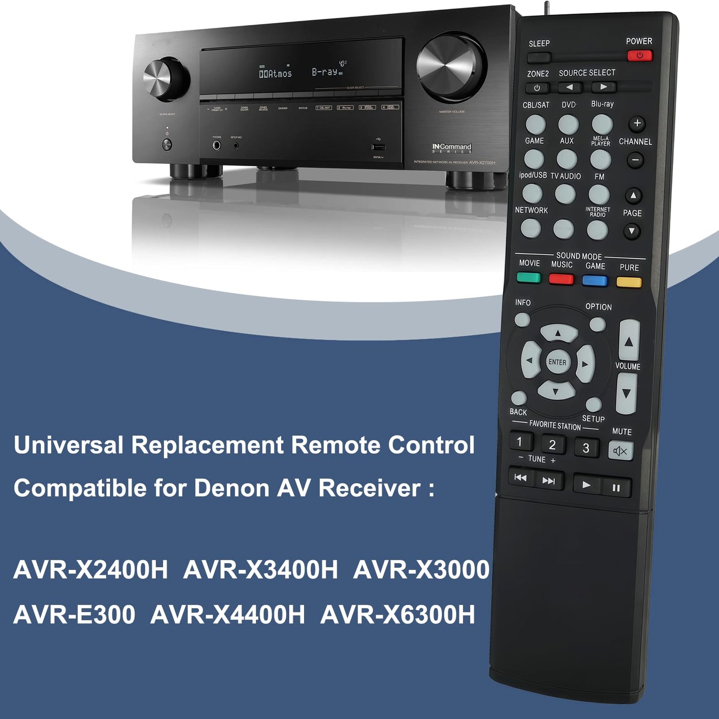 Universal Replacement Remote Control for Denon AVR-X2400H AVR-X3400H AVR-X3000 AVR-E300 AVR-X4400H AVR-X6300H AV Receiver