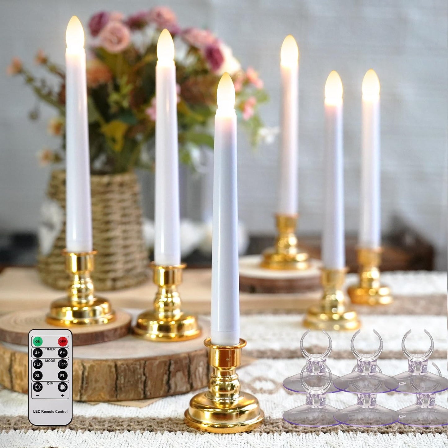 FPOO 6PCS Christmas Window Candles with Timer, Led Flickering Flameless Candles with Remote, Battery Operated Taper Candles Provide Realistic Warm