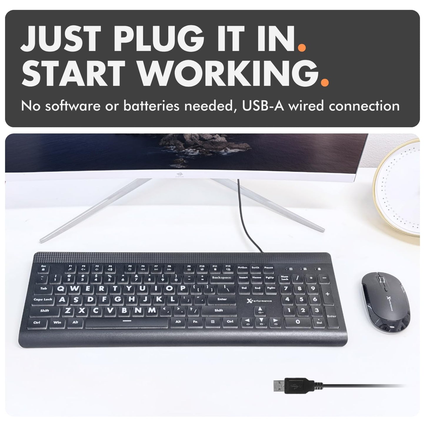 X9 Large Print Backlit Computer Keyboard - Easy to See Big Letters - Lighted USB Wired Keyboard with 7-Colors Backlight LED, Full Size Oversized Light