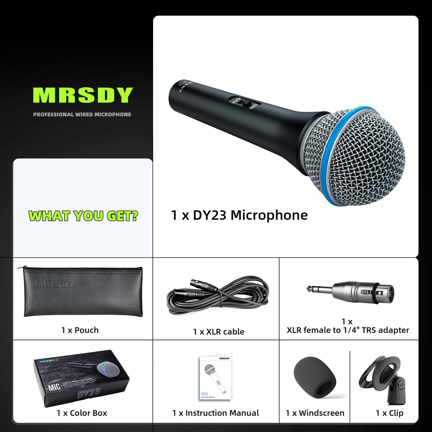 MRSDY Wired XLR Microphone, Metal Handheld Cardioid Dynamic Mic for Singing, Stage, Studio, Karaoke, with On/Off Switch, 16.4ft XLR Cable, Pouch