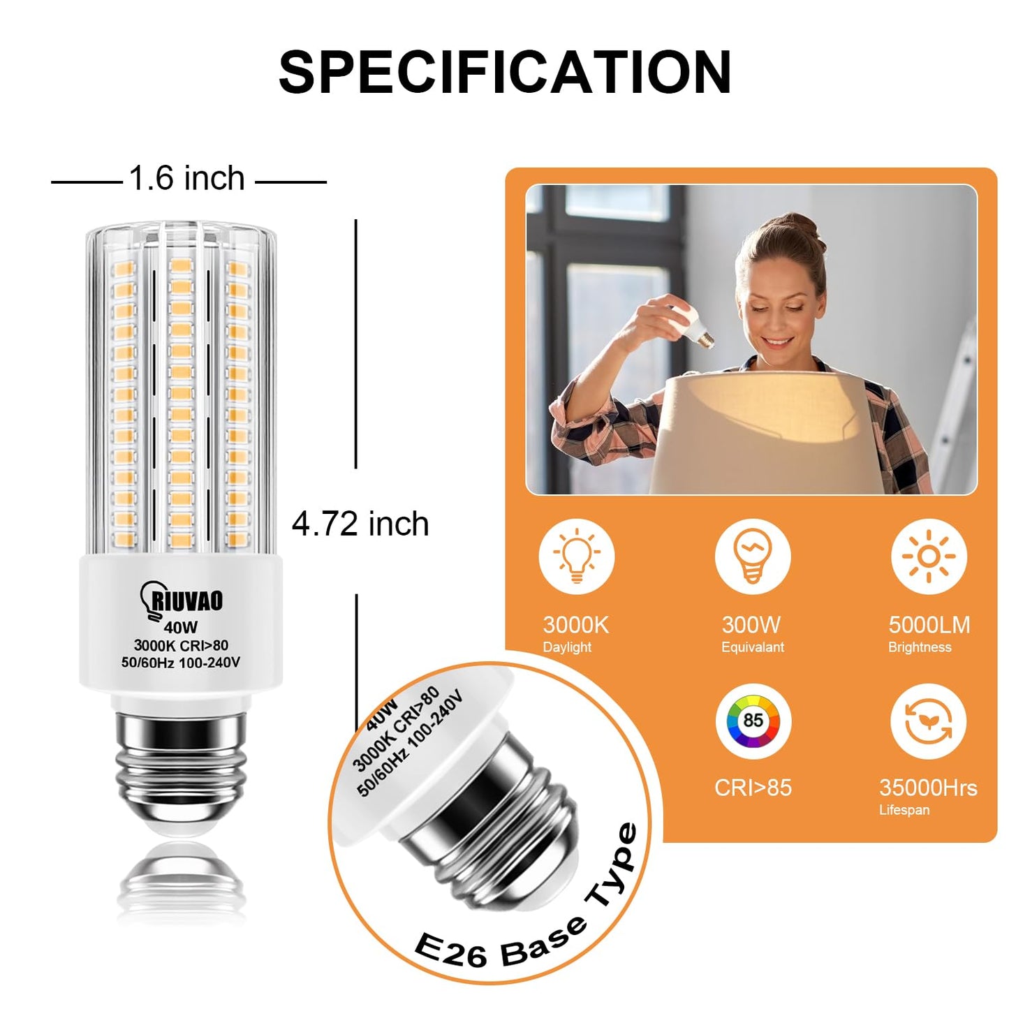 RIUVAO 4pcs LED Light Bulb 5000LM 300w Equivalent Super Bright 3000K Warm Daylight White 40W LEDs Bulb E26/E27 Medium Base for Outdoor Indoor Home