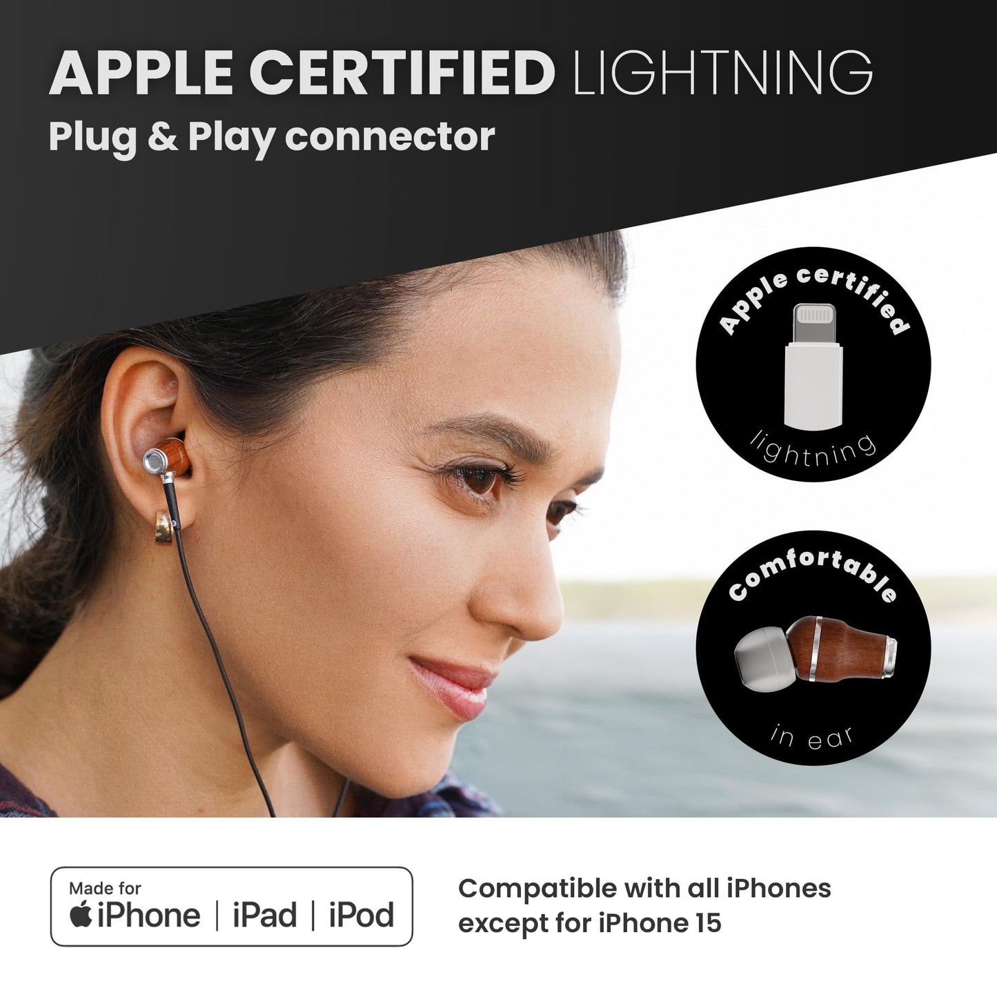 Symphonized Premium Wooden Lightning Headphones for iPhone 14, 13, or lower - Wired Earbuds Lightning Cord with Microphone & Volume Control, iPhone