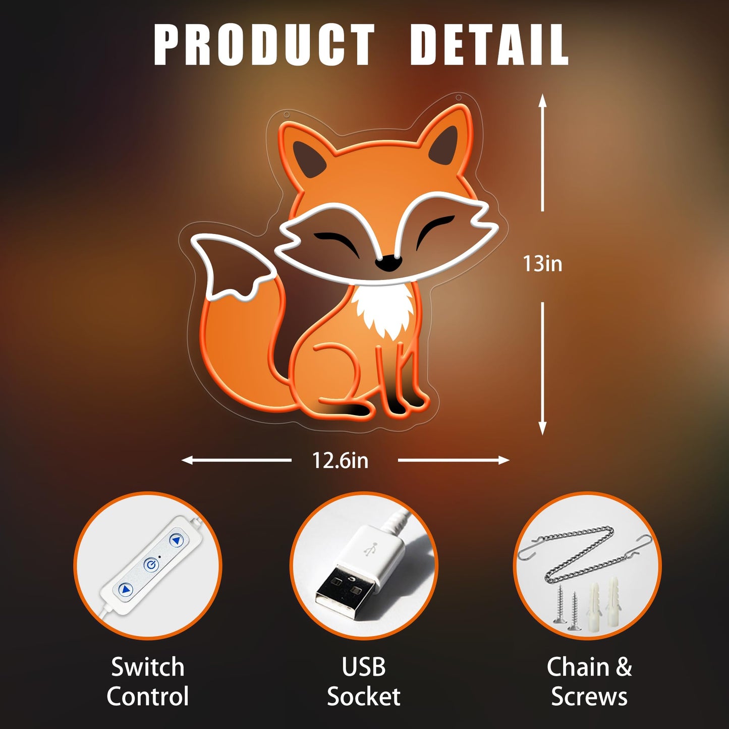 ACOPAEY Fox Neon Sign, Dimmable LED Night Light for Bedroom Wall Decor, Cute Fox Room Decor Gift for Kids Teens and Fox Lovers