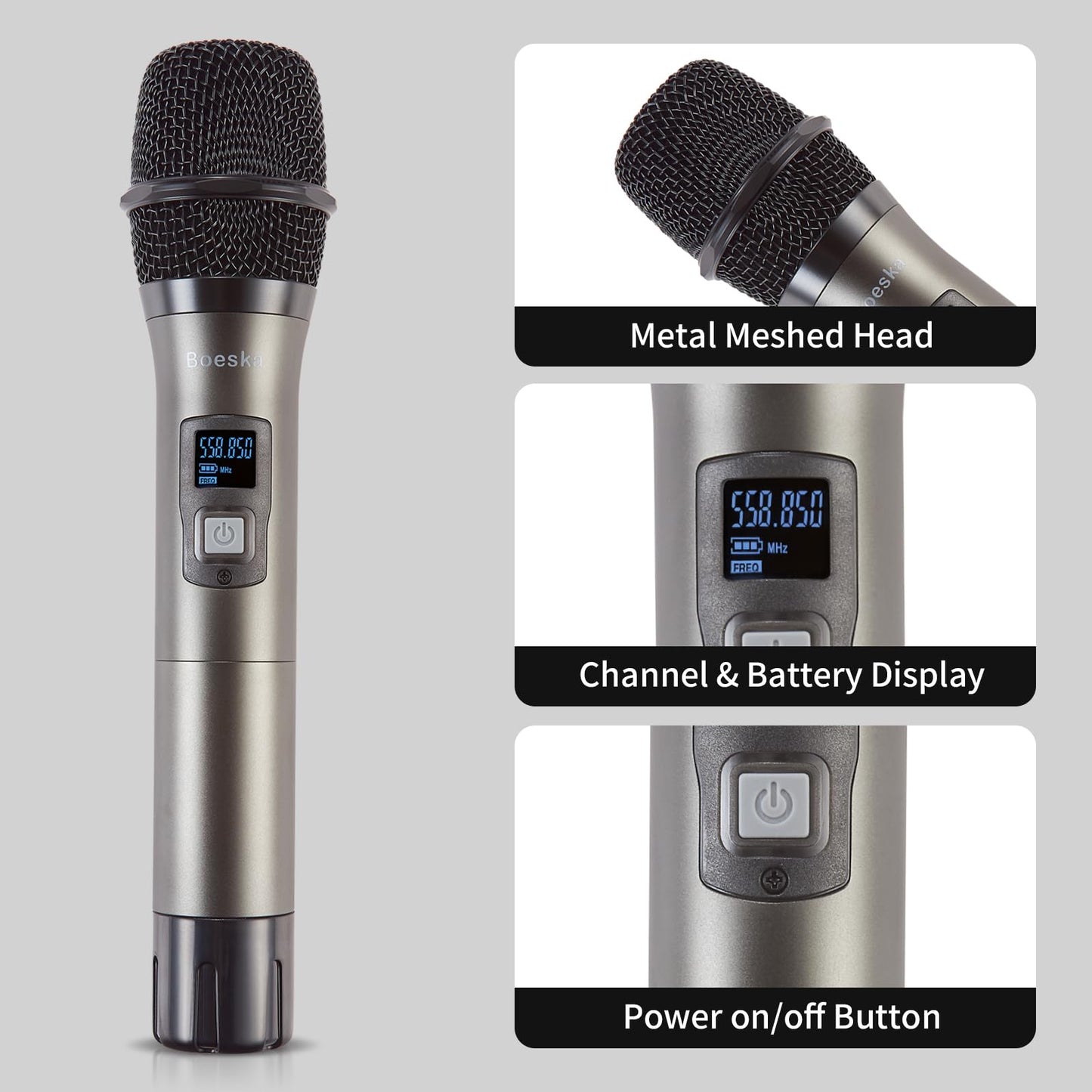 Boeska Wireless Microphone System, 4-Channel UHF Wireless Mic, Fixed Frequency Metal Cordless Mic with 4 Handheld Dynamic Microphones, 200ft Range