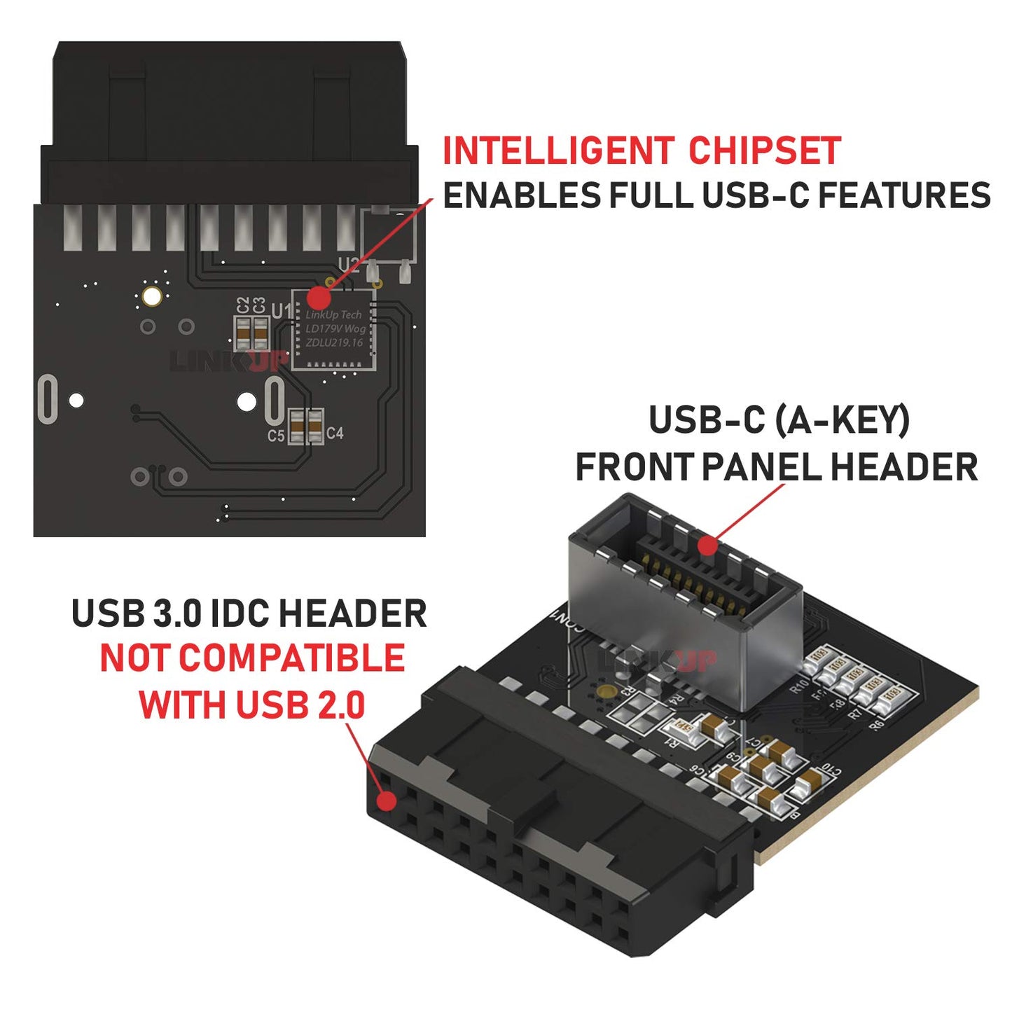 LINKUP - [Active Chip USB 3.0 (3.2 Gen 1) Internal IDC 20 Pin Motherboard Header to A-Key (Type-E) 20 Pin Female Converter for Type C Panel Mount