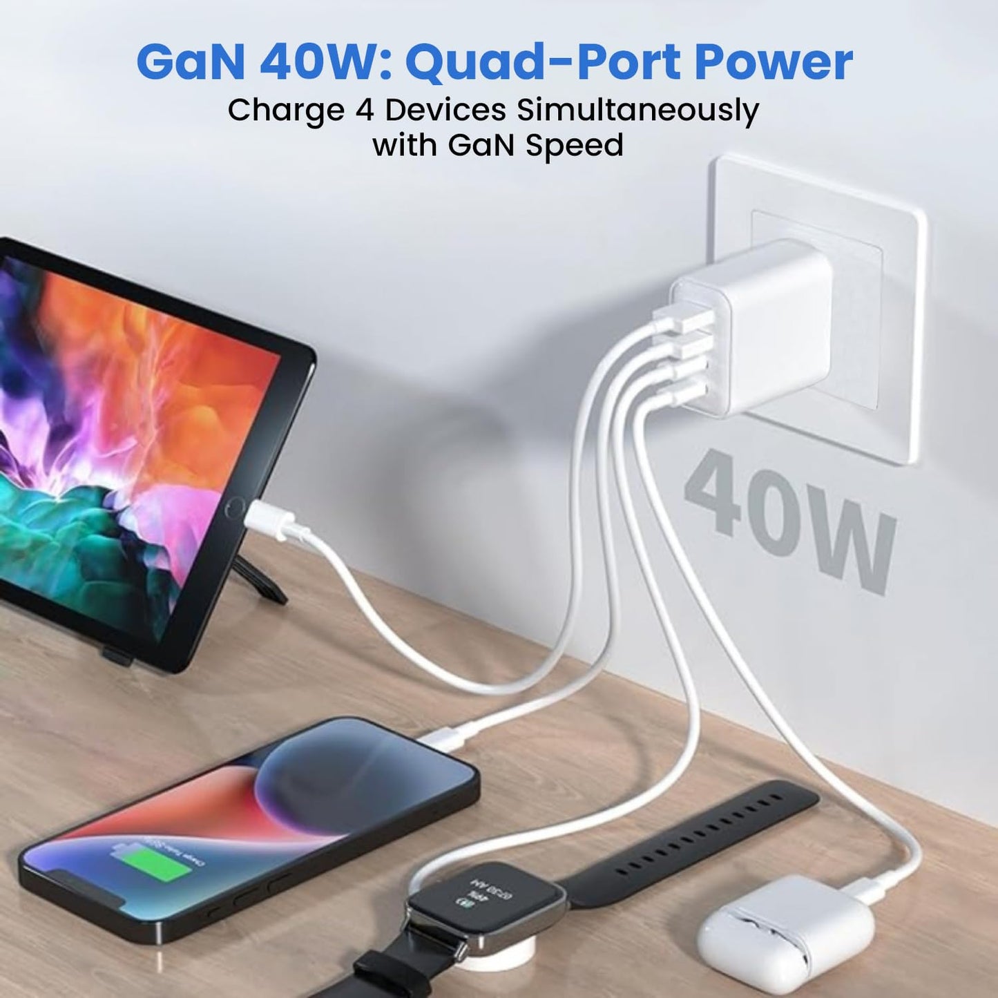 4USB Ports Gan 40W Foldable Charger 2 Pack - Compact USB-C & USB-A Fast Charger with Smart Power Output for Safe Charging- Charging Block compatible