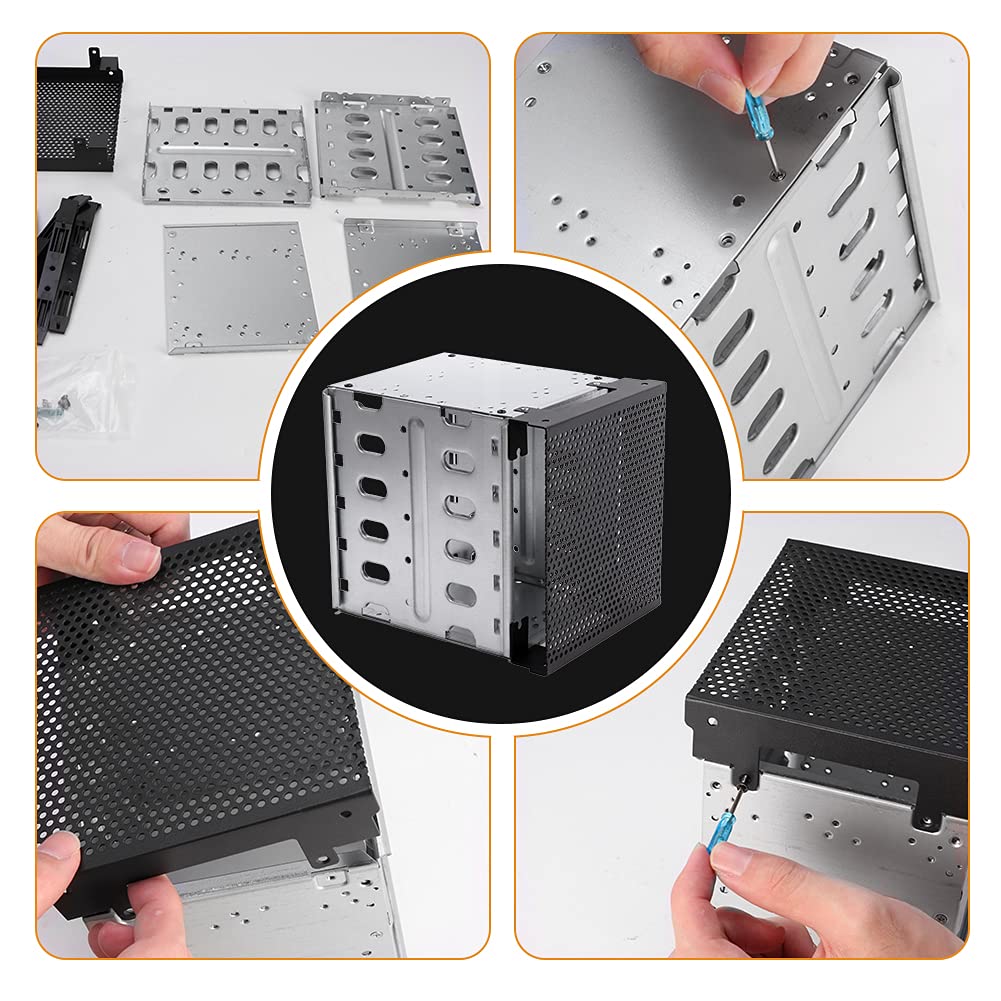 Hard Drive Cage,Galvanized Steel Plate + ABS Plastic Cage Hard Drive Tray Rack with Fan Space,Adapter Rack Bracket for Computer SATA 5.25in to 5X 3.5