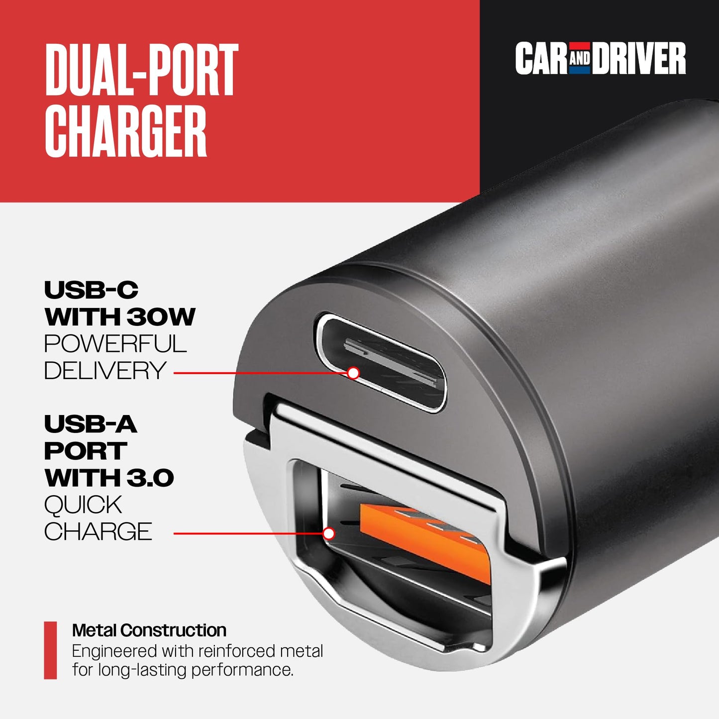 Car and Driver 30W USB-C Fast Car Charger, Dual Port Cigarette Lighter Adapter with USB-C & USB-A Fast Charging for iPhone 17/16/15/14/13, Samsung
