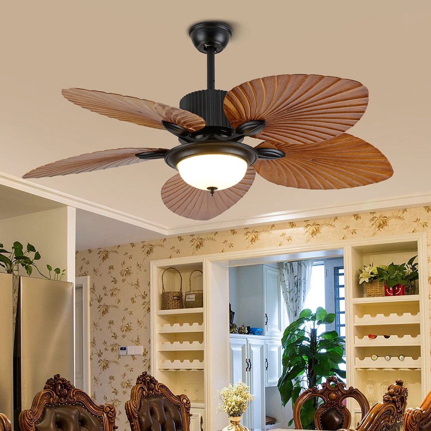 N/B 52 Inch Tropical Palm Leaf Ceiling Fan Chandelier Bedroom Living Room 5 Leaf Decorative Light Ceiling Lamp with Remote Control
