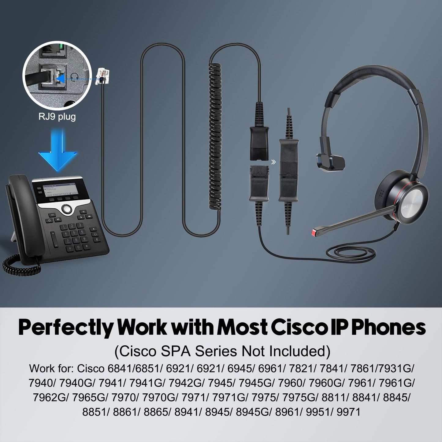 MKJ Telehone Headset for Cisco IP Phone, Wired Headphone with Microphone Noise Cancelling, Office Phone Headset with RJ9 Jack for Cisco CP-7821 7841
