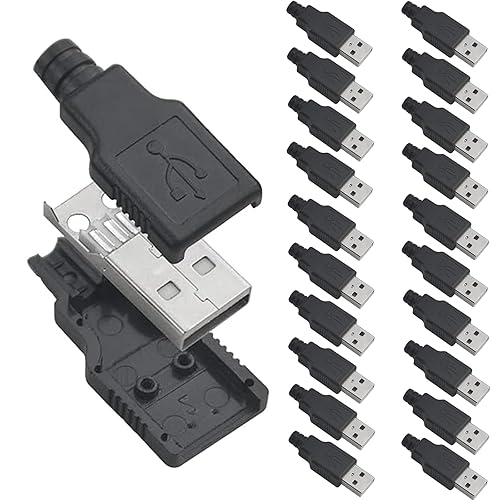Oiyagai 20-Pack USB 2.0 Type-A Male Connector - 4-Pin Solder Type Plug with Protective Shell for DIY Cables and Repair