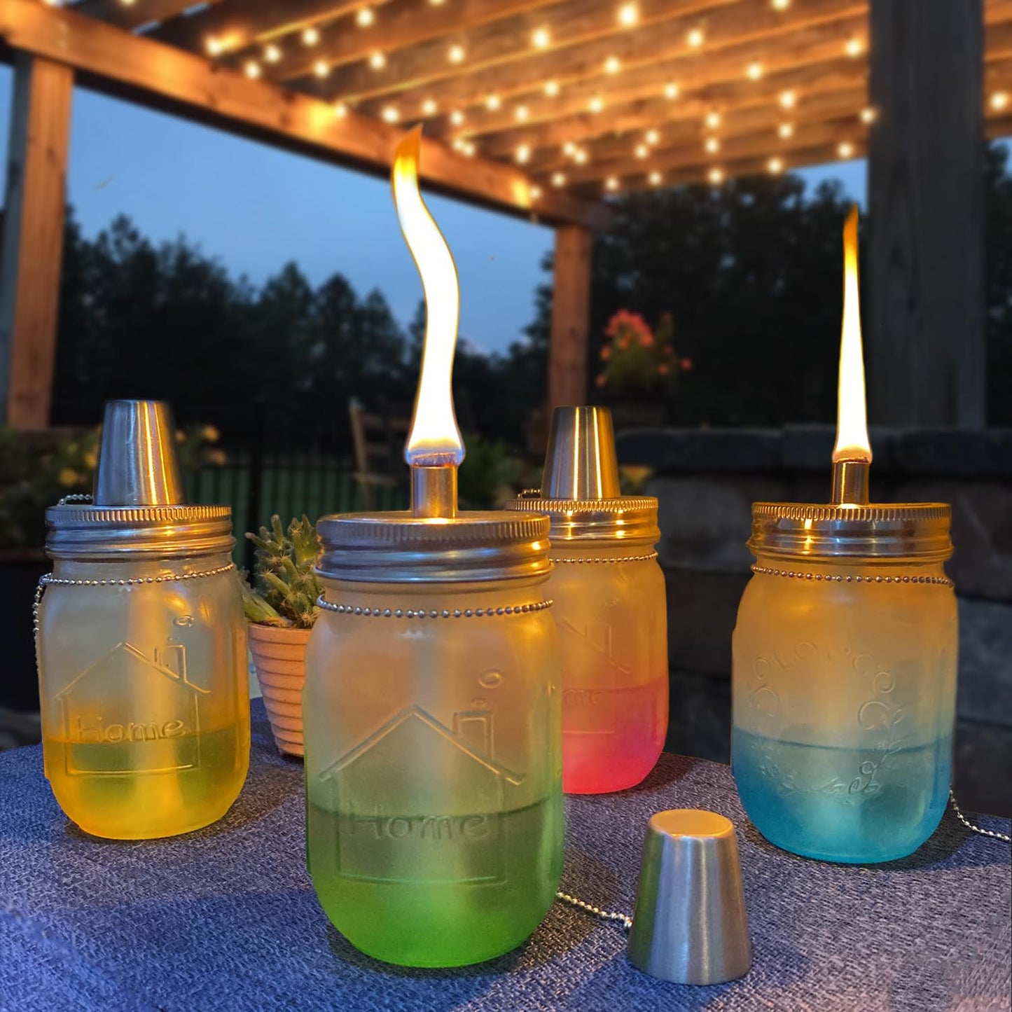 Yitee Mason Jar Tabletop Torch Kits,4 Pack Longlife Fiberglass Wicks,Stainless Steel Mason Jar Lids Caps Included,Outdoor Deck Oil Lamp Torch,Patio