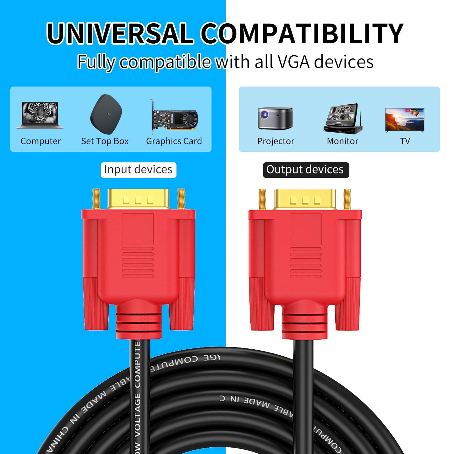 Abireiv VGA Cable 6Feet, VGA to VGA HD15 Monitor Cable for PC Laptop TV Projector
