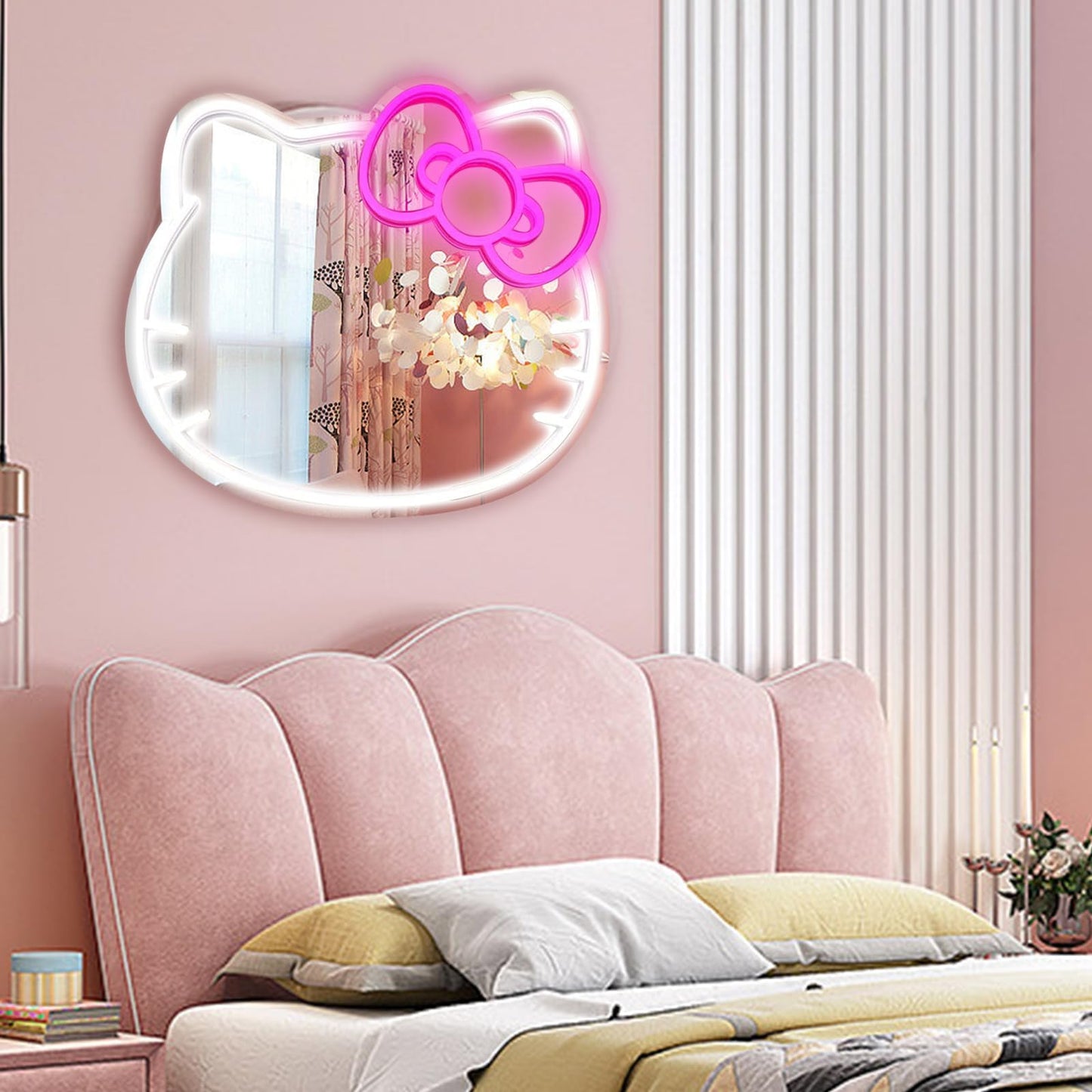MCJSGSP Anime Hello Kit Mirror with Light Neon Signs for Wall Decor, Teen Girl Gift?Makeup Mirror neon Sign Room Decor (9.4 * 11.9 inch)