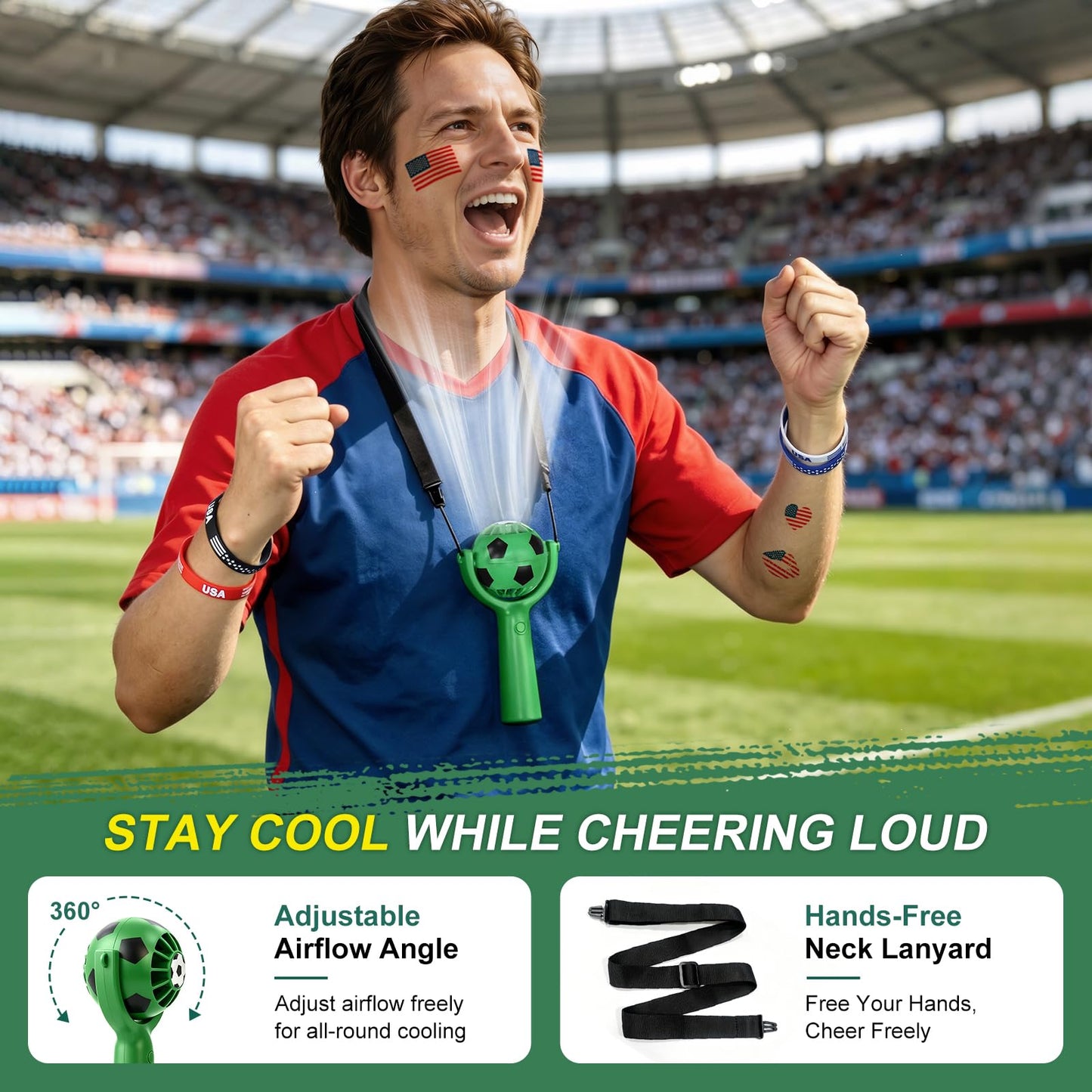 Handheld Fan Kit with Soccer Stickers & Wristbands, Portable Summer Fan