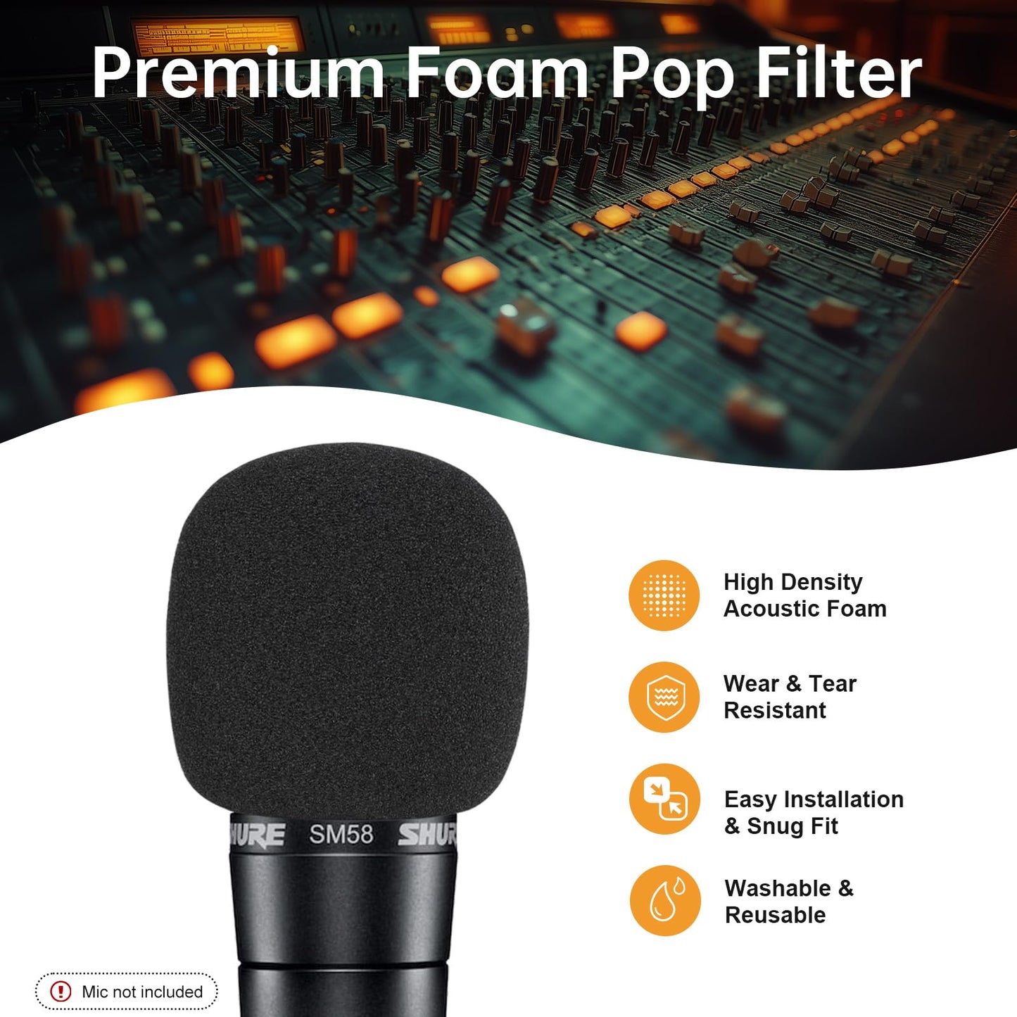 Pop Filter/Windscreen for Shure SM58 SM58S SM58LC SM58-CN SM58-X2U SM48 Beta-58A Microphones, Foam Mic Cover for Filtering Plosives, Hissing Noise and