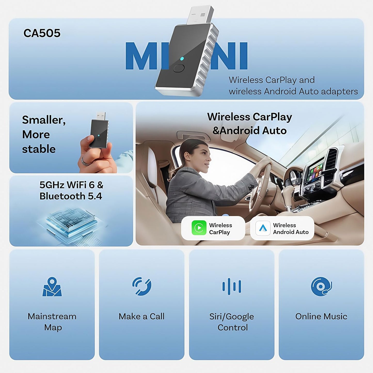 Wireless Carplay Adapter - Android Auto Wireless Adapter US, Conversion from Wired to Wireless with USB to USB C adapter, Plug and Play Bluetooth Car