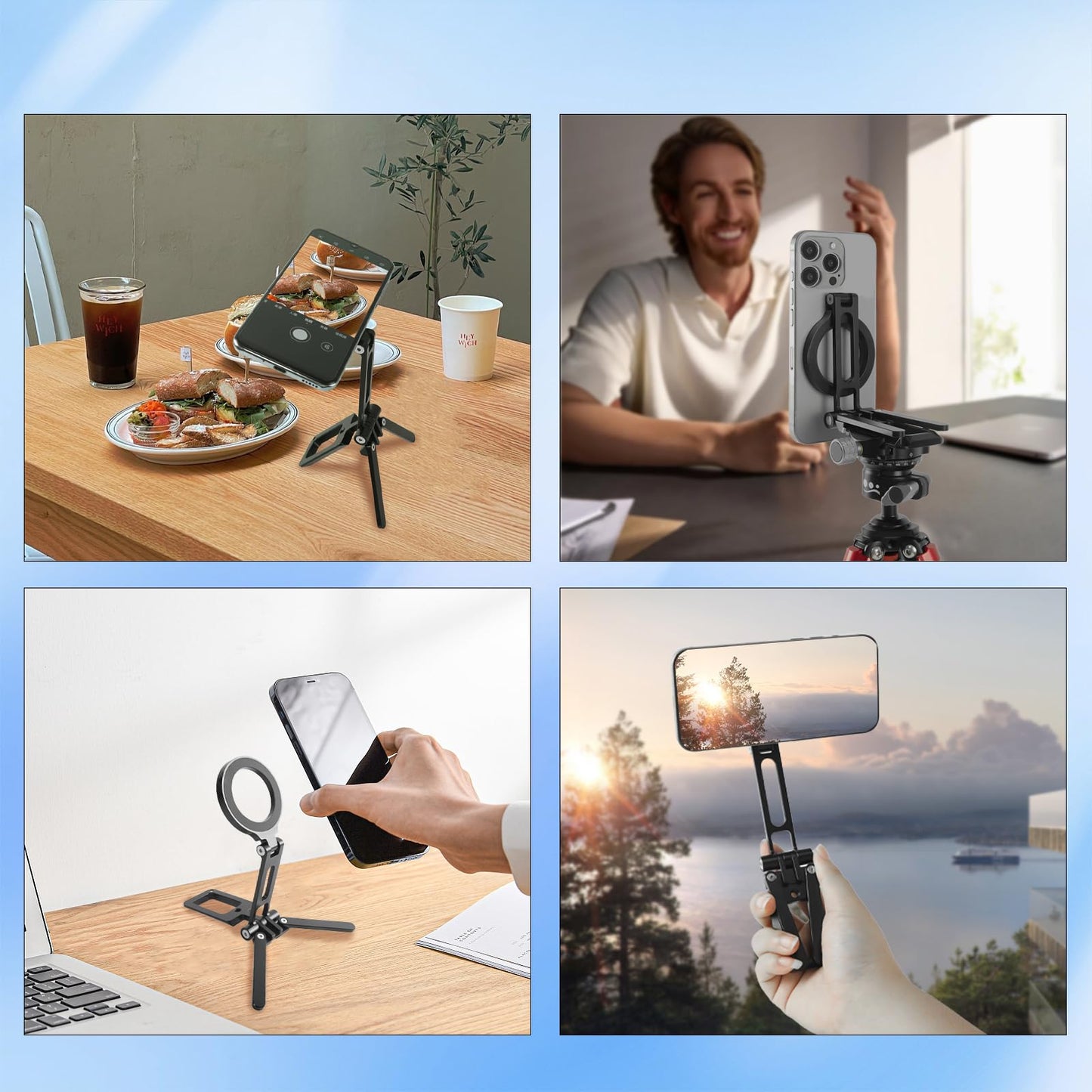 FIFIELD Magnetic Phone Tripod Stand 1/4" Screw Aluminum Mini Foldable Tripod for Cell Phone, Travel Essential Adjustable iPhone Stand