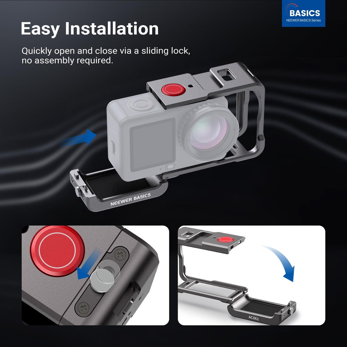 NEEWER Basics Action Camera Cage Compatible with DJI Osmo Action 6 Accessories, Aluminum Alloy Protective Expansion Frame Case with 1/4" Screw Adapter