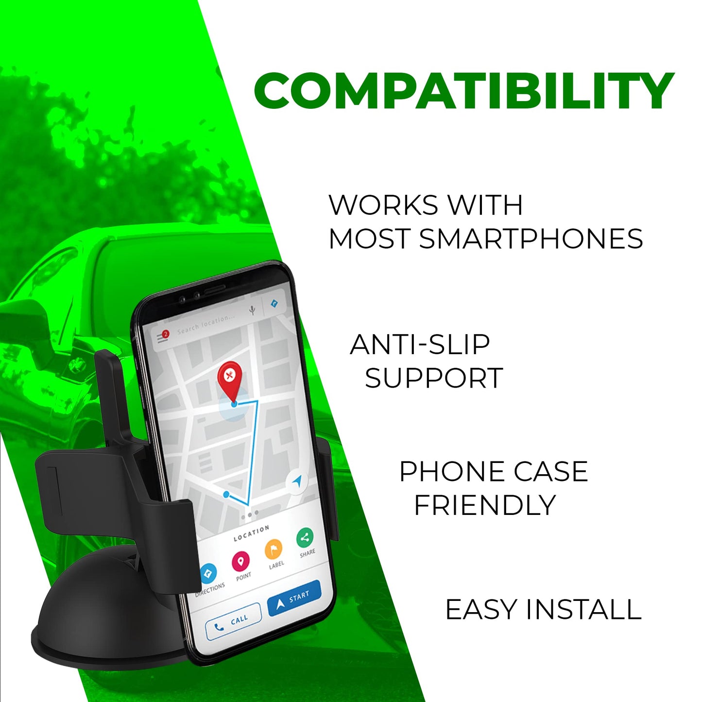 ChargeWorx Universal Car Phone Mount for Dashboard and Windshield, Adjustable Suction Cup Holder with Flex Arm and Clamp, 360 Rotation Compatible